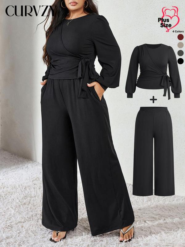 Black Friday Deals CURVZY Plus Size Two-piece Set Solid Ruched Tie Front Blouse & Wide Leg Pants Set, Elegant Bishop Sleeve Top & High Waist Trousers for Daily Wear, Women's Two-piece Outfits,Christmas 2024 Trend,Thanksgiving Outfits,Winter Outfits