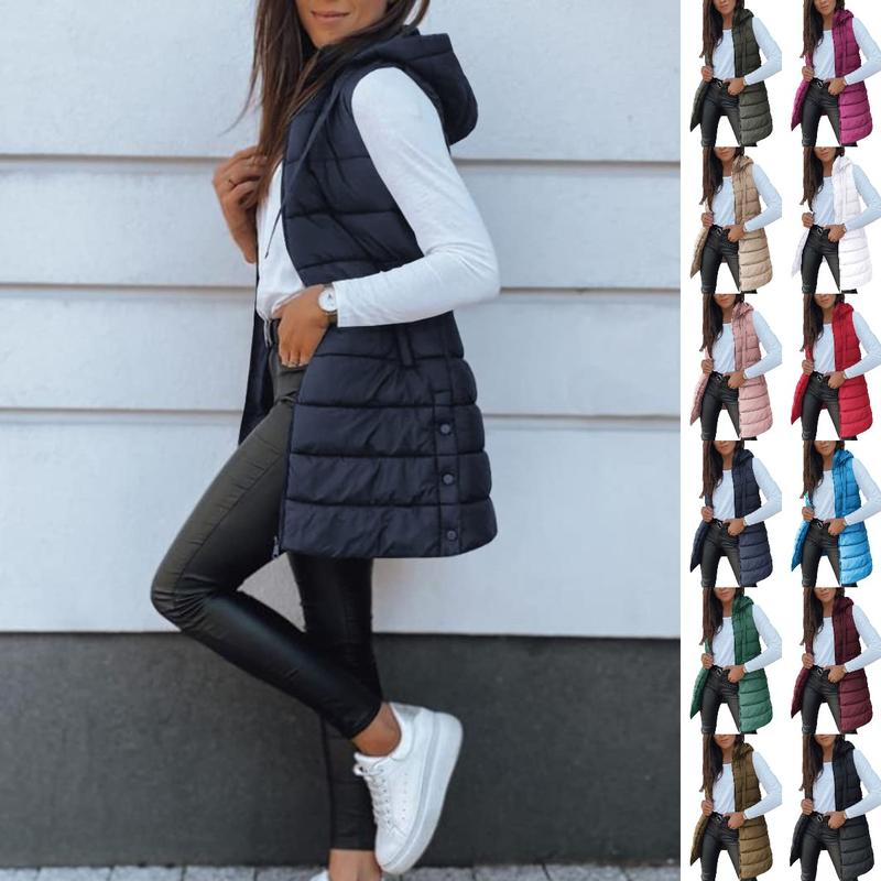 Goranbon Women Long Vest Solid Color Sleeveless Hood Winter Puffer Vest Outwear