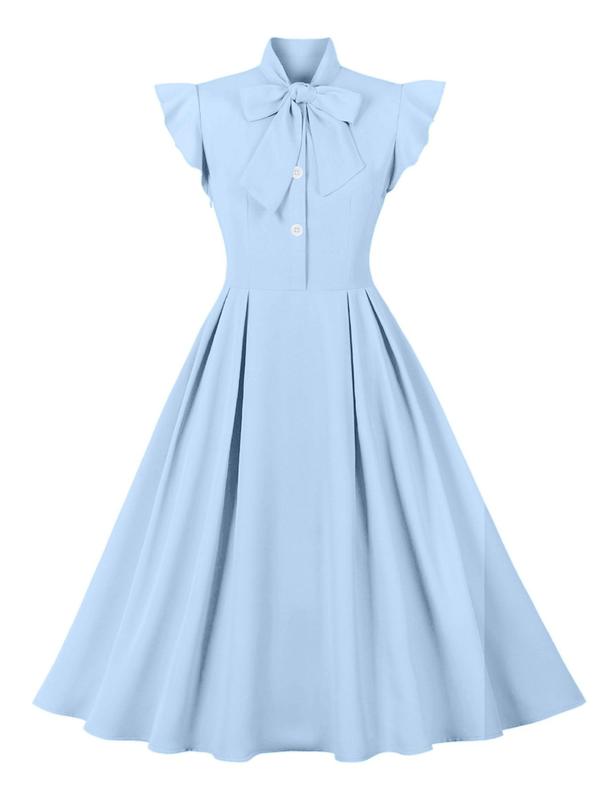 Women's Plain Pleated Butterfly Sleeve Ruffle Trim  Dress, Elegant Tie Neck Cap Sleeve Long Dress for Party Holiday Wedding Guest, Ladies Clothes for All Seasons