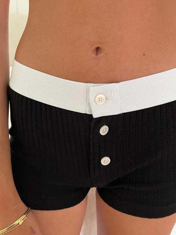Women's Textured Button Front Shorts, Y2K Retro Casual Skinny Knit Shorts, Shorts for Women, Women's Summer Bottoms for Daily Wear