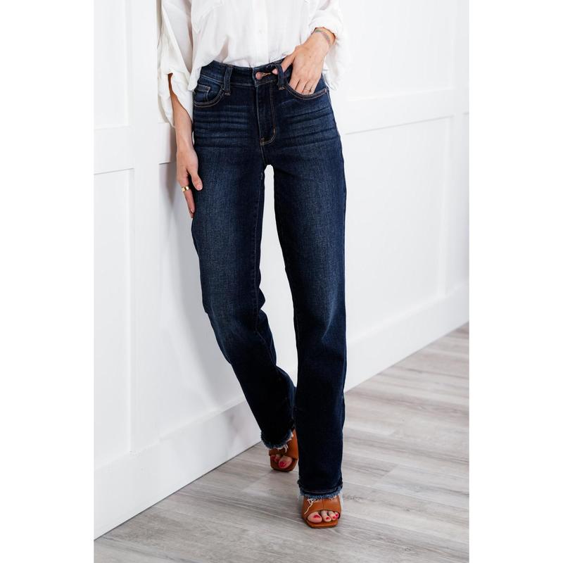 Judy Blue Mid Rise Dark Wash Straight Leg Jeans with Frayed Hem