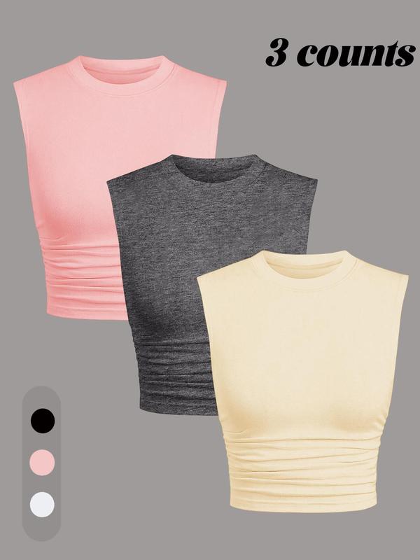 Women's Solid Ruched Crop Tank Top, Casual Sleeveless Round Neck Cropped Top for Summer, Ladies Clothes for Daily Wear