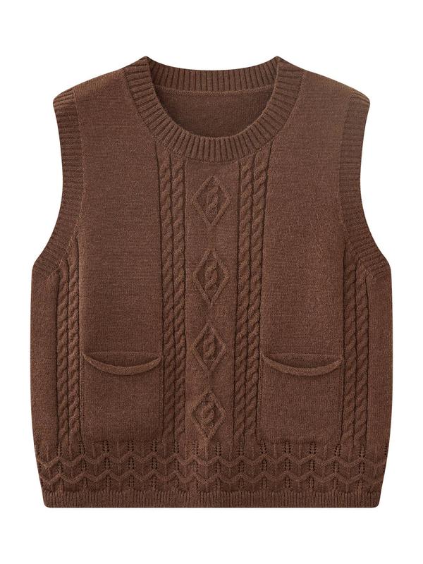 Women's Plain Pocket Sweater Vest, Casual Round Neck Sleeveless Jumper Vest for Spring & Fall, Fashion Women's Knitwear for Daily Wear