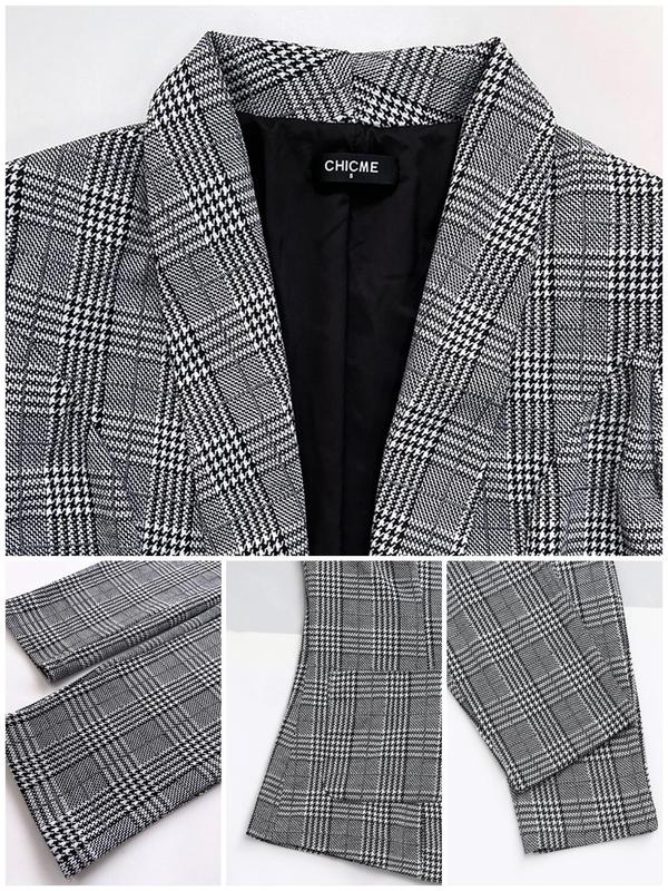 Women's Plaid Print Button Front Blazer & Pants Two-piece Set, Long Sleeve Pocket Outerwear & Drawstring Trousers, Women's Clothing for Work Office Business
