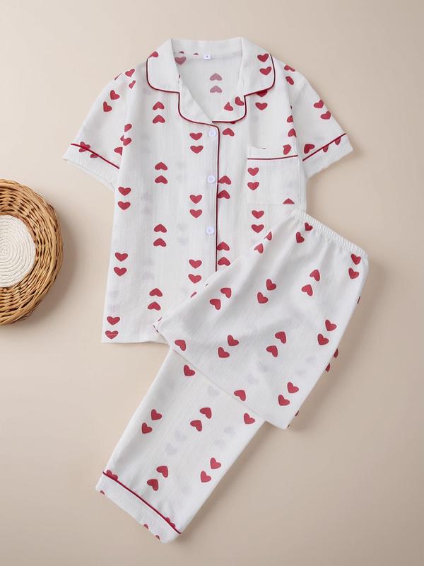 Women's Heart Print Pajama Set, Casual Short Sleeve Button Front Lapel Shirt & Pants Pj Set, Summer Wear 2024, Summer Clothes, PJs Lounge Set, Pajama Sets Women, Please Purchase One Or Two Size Up