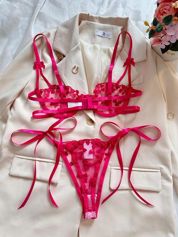 Women's Heart Embroidery Sheer Tulle Sexy Lingerie Two-Piece Set, Adjustable Strap Push Up Bra & Tie Side Thong Set, Lingerie Set for Women