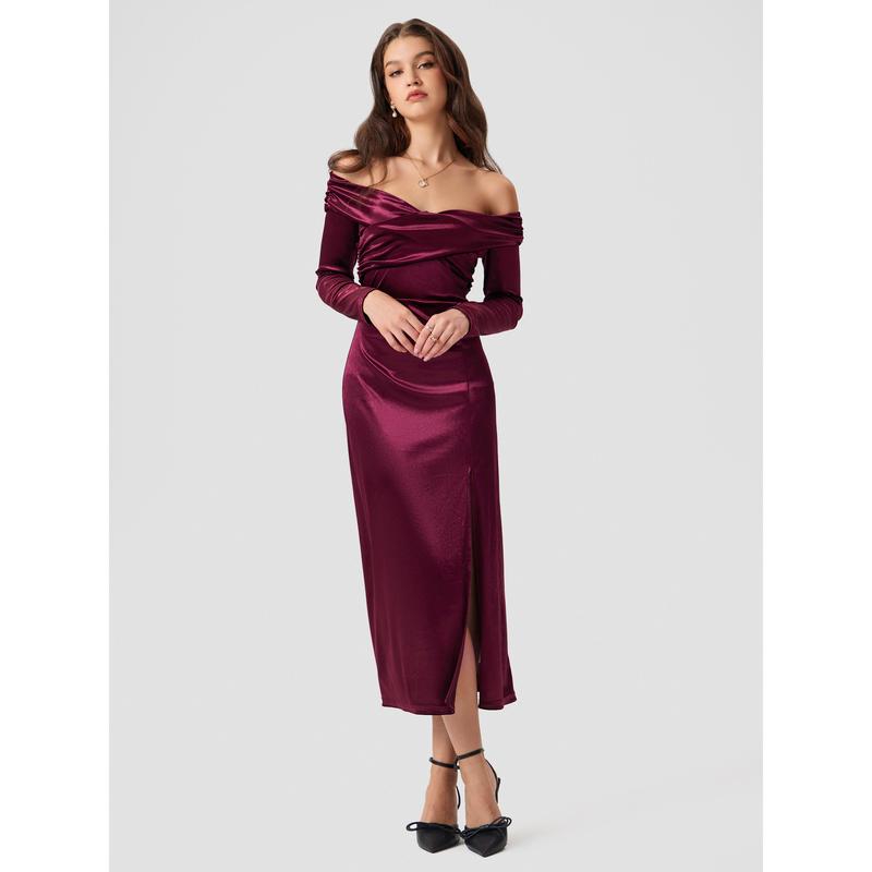 Cider [2 colors, Size 0-10] Velvet Off-shoulder Solid Split Maxi Dress