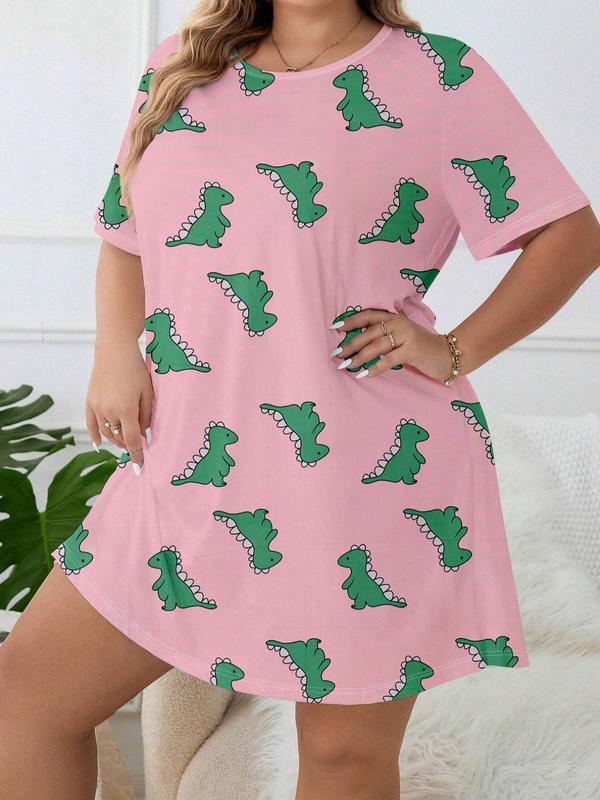 Plus Size Cartoon Dinosaur Print Round Neck Nightdress, Plus Casual Soft Comfortable Short Sleeve Nightgown for Women, Women's Plus Sleepwear for All Seasons