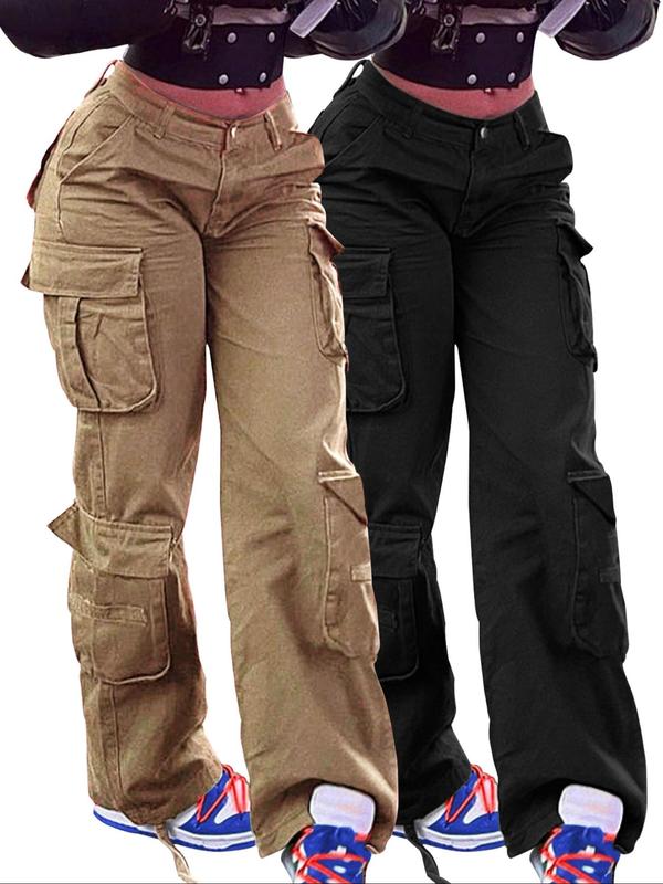 Women's Plain Flap Pocket Cargo Pants, Casual Street Wide Leg Trousers for Daily Wear, Ladies Bottoms for All Seasons