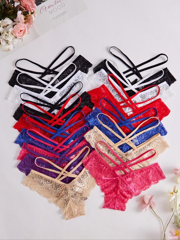 Women's Solid Color Criss Cross Lace Thong, Breathable Comfortable Panty for Daily Wear, Women's Underwear for All Seasons