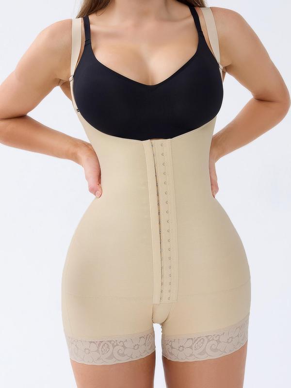 Women's Sexy Open Bust Contrast Lace Adjustable Hook & Eye Closure Front Shapewear Romper, Casual Adjustable Strap Tummy Control Butt Lifter Shaper, Women's Shapewear for Daily Wear