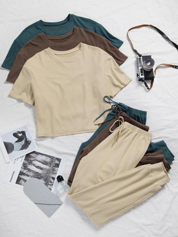 Women's Solid Pants Set, Casual Short Sleeve T-Shirt & Tie Front Pants, Fall Outfits 2024, Back To School Outfits, Co ord Set, Summer Clothes for Daily Wear, Summer Outfits 2024, Downtown Girl Clothes