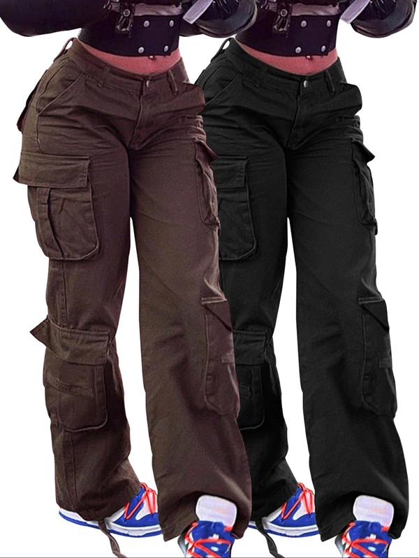 Women's Plain Flap Pocket Cargo Pants, Casual Street Wide Leg Trousers for Daily Wear, Ladies Bottoms for All Seasons