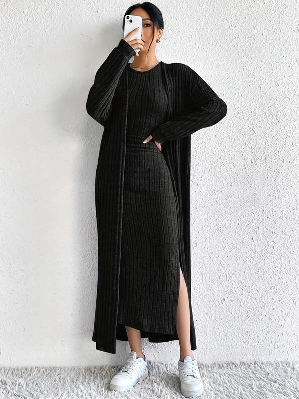 Women's Solid Long Sleeve Open Front Outerwear & Split Hem Bodycon Dress Two-Piece Set, Casual Fashion Cozy Two Piece Outfits for Daily Outdoor Wear, Women Clothes for All Seasons