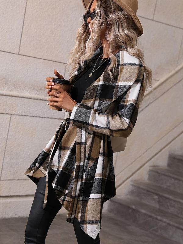 Women's Plaid Print Belted Asymmetrical Hem Coat Jackets, Elegant Long Sleeve Waterfall Collar Outerwear for Fall & Winter, Winter Clothes Women, Women's Clothing for Daily Wear, Fall Outfits, Fallfreshness Clothes, Womenswear