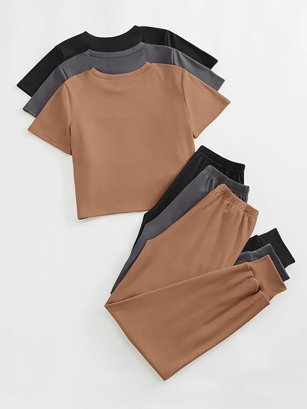 Women's Solid Pants Set, Casual Short Sleeve T-Shirt & Tie Front Pants, Fall Outfits 2024, Back To School Outfits, Co ord Set, Summer Clothes for Daily Wear, Summer Outfits 2024, Downtown Girl Clothes