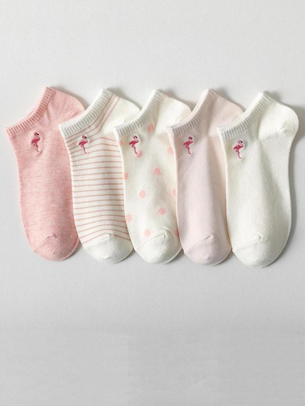 Summer 2024 Women's Flamingo Embroidery Ankle Socks, Casual Cozy Striped & Polka Dot Print Low Cut Socks for Daily Wear, Breathable All-match Socks