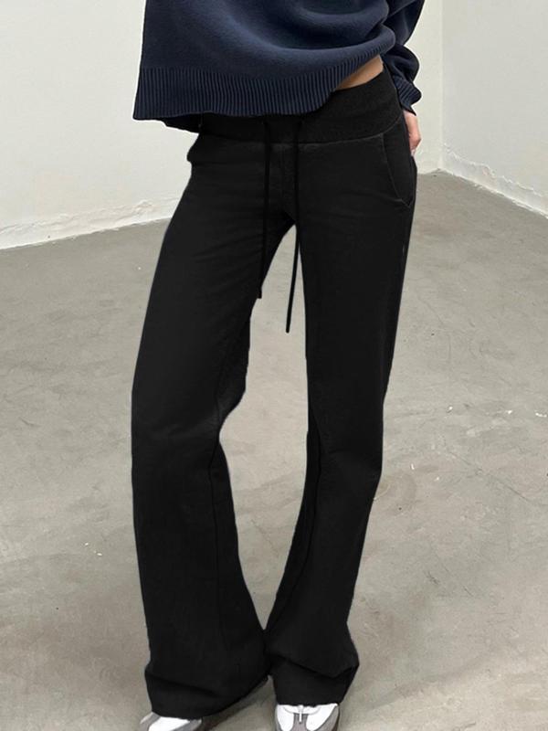 Women's Plain Drawstring Waist Straight Leg Pants, Casual Pocket High Waist Trousers for Fall, Fall Pants, Pants for Women, Fashion Women's Fall Bottoms for Daily Wear, Downtown Girl Clothes
