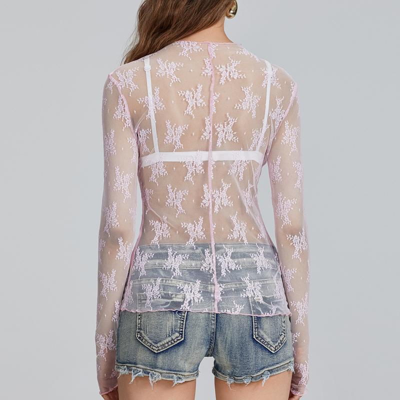 Women Long Sleeve T-Shirts Mesh See-Through Mock Neck Lace Shirts Spring Fall Slim Fit Tops Streetwear