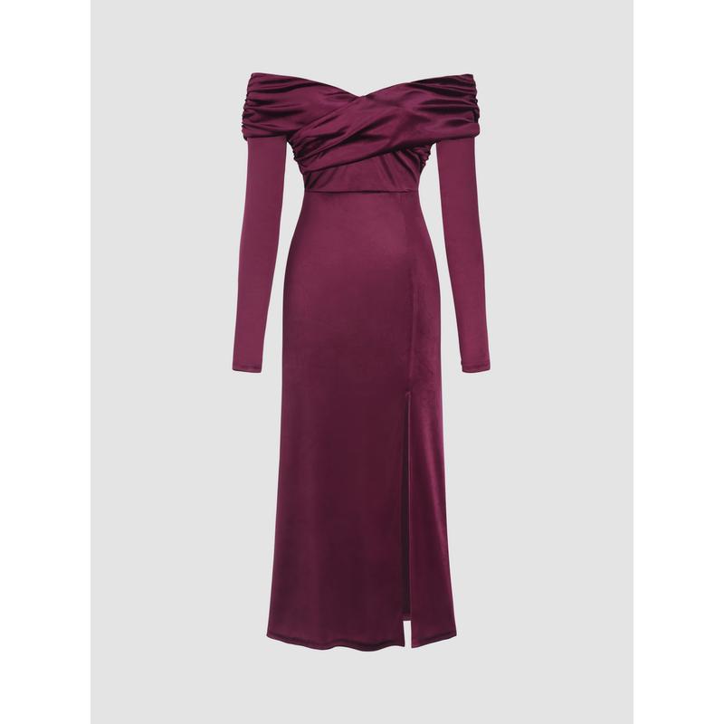 Cider [2 colors, Size 0-10] Velvet Off-shoulder Solid Split Maxi Dress