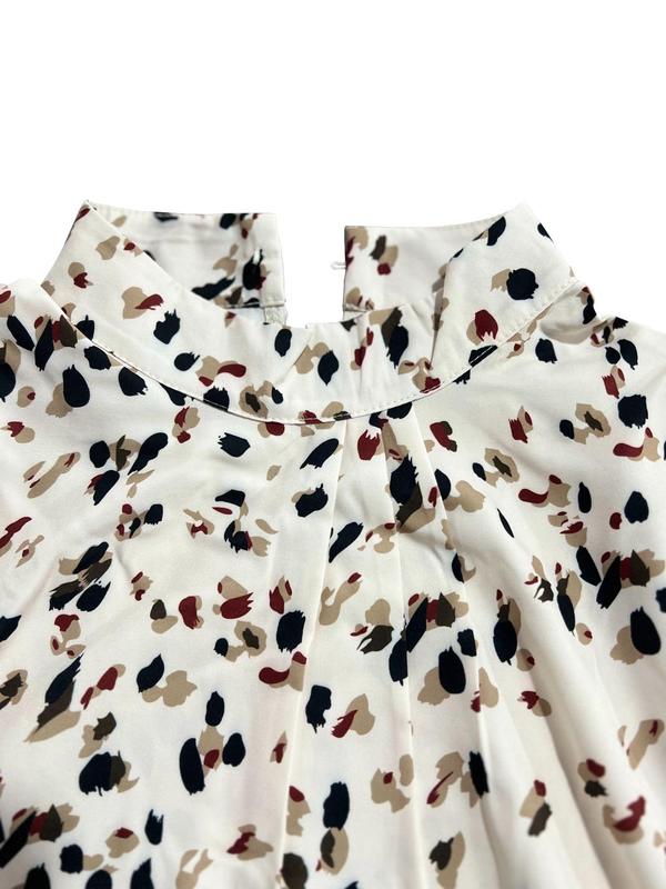 Women's All Over Print Plicated Blouse, Elegant Keyhole Back Bishop Sleeve Top for Spring & Fall, Ladies Clothes for Work Office Business