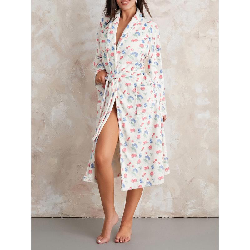 Women's Soft Summer Dressing Gown Floral Fruit Print Plush Shawl Collar Bathrobe Warm Lounge Robe with Belt Cotton Light