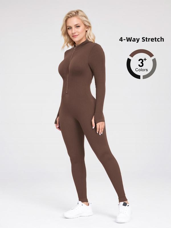 Women's Solid Zip Up Mock Neck Bodysuit, Casual Sporty Comfy Long Sleeve Bodysuit for Fall, Ladies Clothes for Daily Wear