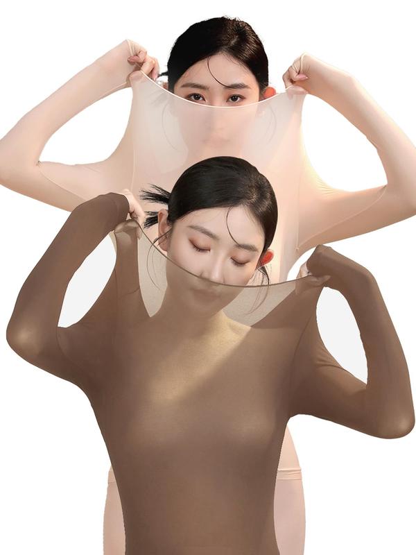 Women's Solid Thermal Lined Underwear Two-Piece Set, Casual Comfy Warm Mock Neck Long Sleeve Top for Fall & Winter, Ladies Thermal Underwear for Daily Wear