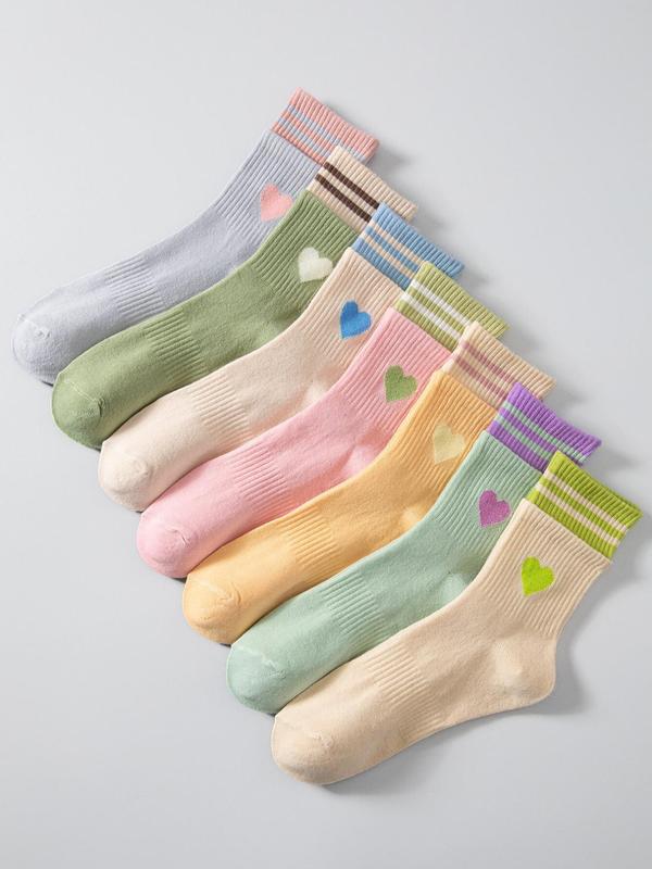 Women's 7 Pairs Heart & Striped Print Crew Socks, Fashion Casual Comfy Socks for Daily Outdoor Wear, Soft Breathable Socks, Women Socks for All Seasons