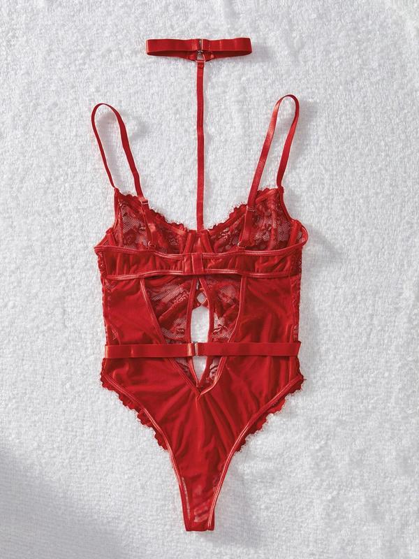 Women's Contrast Lace Backless Lingerie Bodysuit, Sexy Comfy Breathable Choker Design Lingerie Bodysuit for Daily Wear, Women's Lingerie for All Seasons