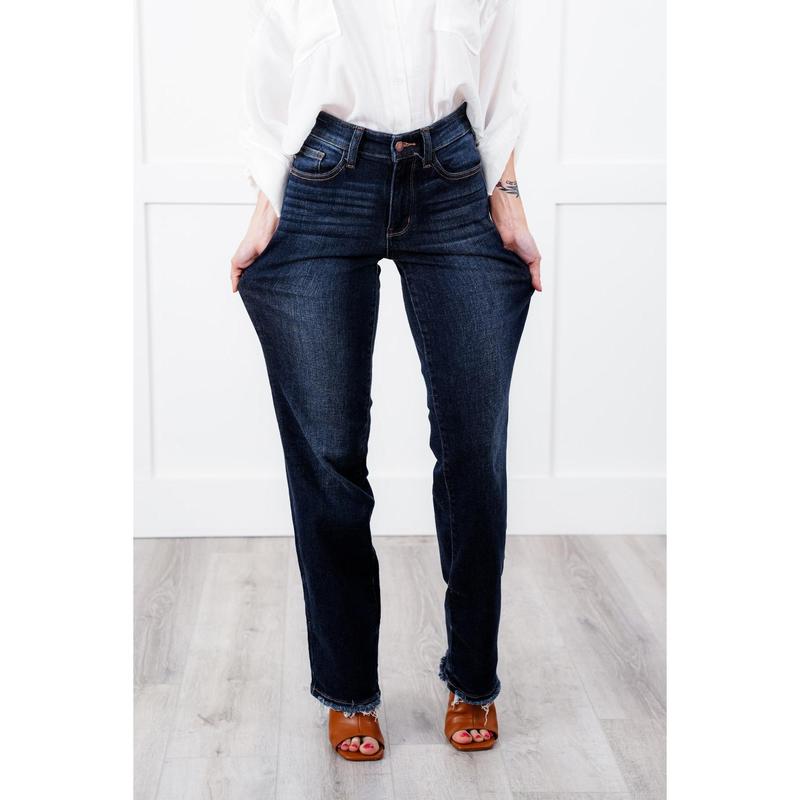 Judy Blue Mid Rise Dark Wash Straight Leg Jeans with Frayed Hem