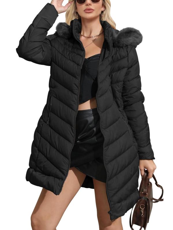 Women's Solid Color Contrast Faux Fur Hooded Quilted Jacket, Casual Long Sleeve Zip Up Quilted Outerwear for Fall & Winter, Women's Clothing for Daily Wear