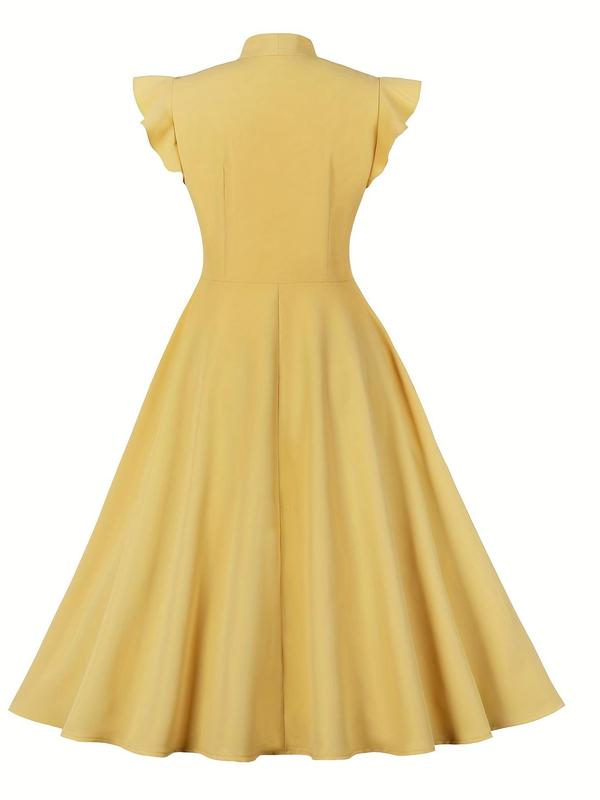 Women's Plain Pleated Butterfly Sleeve Ruffle Trim  Dress, Elegant Tie Neck Cap Sleeve Long Dress for Party Holiday Wedding Guest, Ladies Clothes for All Seasons