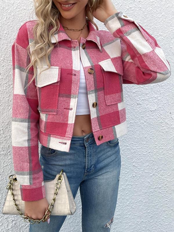 Women's Plaid Print Button Front Drop Shoulder Jacket, Jackets for Women, Casual Flap Pocket Long Sleeve Collared Outerwear for Fall & Winter, Ladies Tops Clothes for Daily Wear