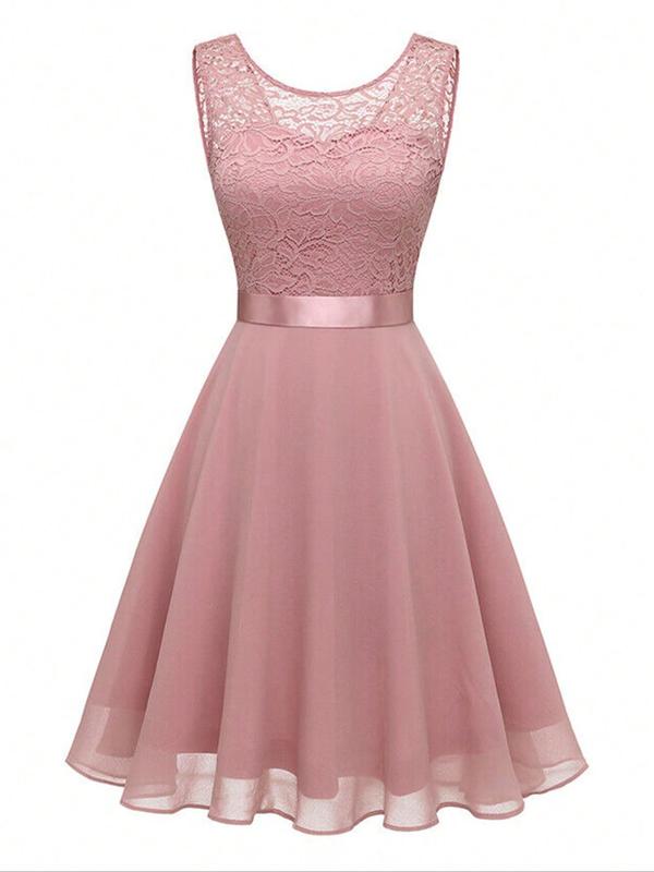 Women's Contrast Floral Lace Bow Back Tank Dress, Elegant Backless Midi Dress for Party Wedding Guest, Ladies Clothes for All Seasons