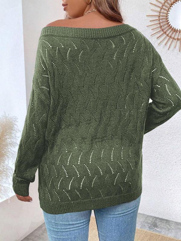 Plus Size Solid Hollow Out Drop Shoulder Sweater,  Designer Clothing, Casual Long Sleeve Scoop Neck Jumper for Spring & Fall, Women's Plus Clothing for Daily Wear