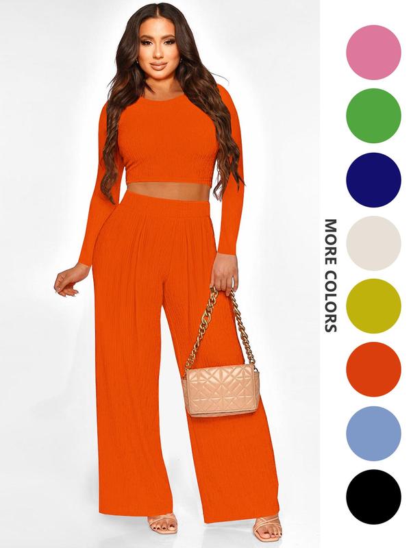 Two-piece Set Women's Solid Textured Crop Top & Wide Leg Pants, Casual Fashion Cozy Round Neck Long Sleeve Top & High Waist Trousers for Daily Outdoor Wear, Women's 2 Piece Sets, Fall Clothing Women 2024