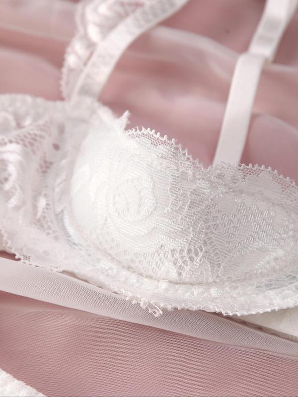 Women's Solid Floral Lace Adjustable Strap Bra & Bow Decor Crotchless Thong Set, Lingerie for Women, Sexy Casual Soft Comfy Breathable Lingerie Wear for Daily Wear, Lingerie for Women, Women Sexy Lingerie, Ladies Underwear Set for All Seasons