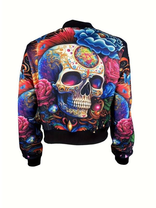 Women's  Skull Print Zip Up Jacket, Fashion Casual Long Sleeve Mock Neck Outerwear for Daily Outdoor Wear, Ladies Clothes for All Seasons
