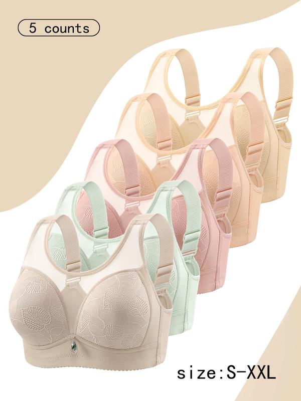 Women's Solid Contrast Mesh Bralette, Soft Comfortable Breathable Wireless Push Up Bra, Lingerie for All Seasons