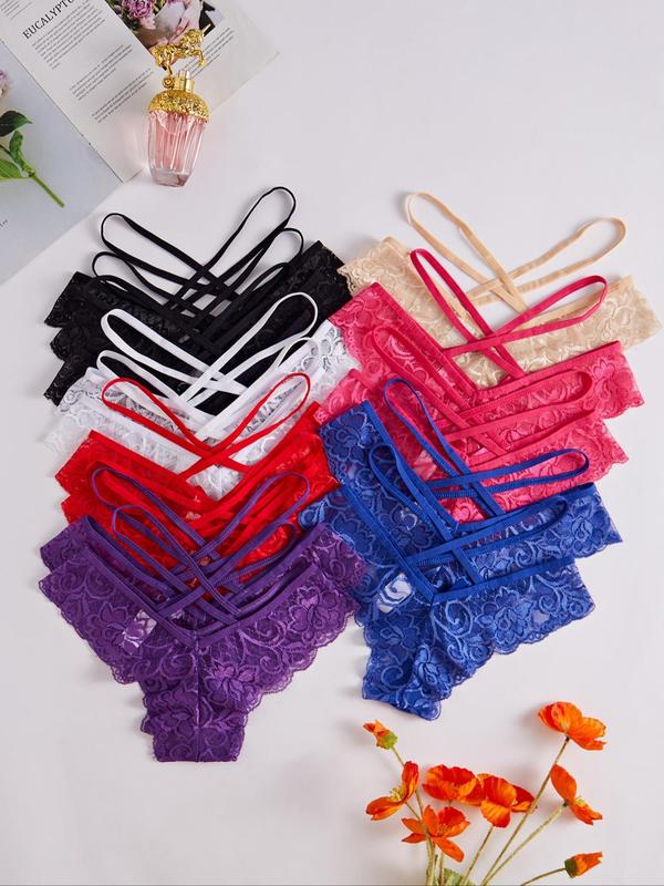 Women's Solid Color Criss Cross Lace Thong, Breathable Comfortable Panty for Daily Wear, Women's Underwear for All Seasons