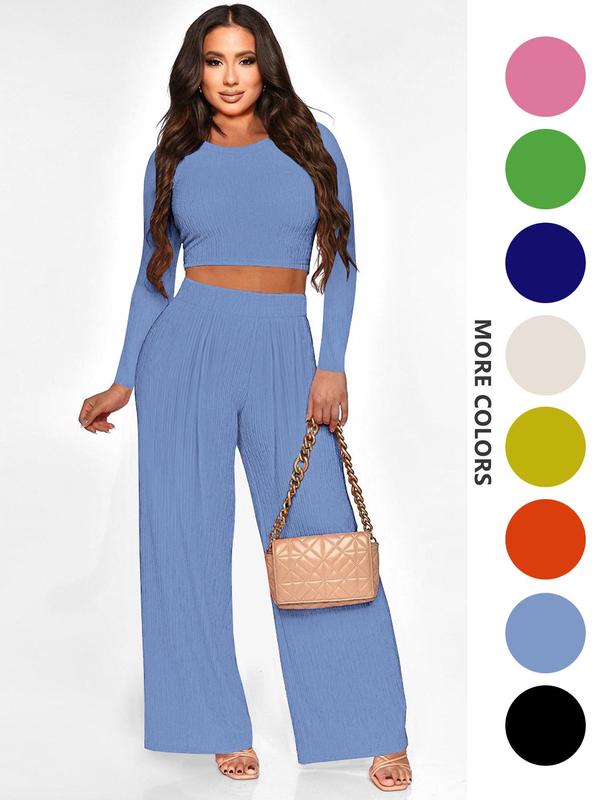Two-piece Set Women's Solid Textured Crop Top & Wide Leg Pants, Casual Fashion Cozy Round Neck Long Sleeve Top & High Waist Trousers for Daily Outdoor Wear, Women's 2 Piece Sets, Fall Clothing Women 2024