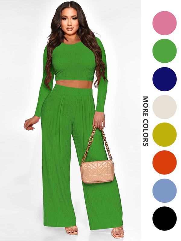 Two-piece Set Women's Solid Textured Crop Top & Wide Leg Pants, Casual Fashion Cozy Round Neck Long Sleeve Top & High Waist Trousers for Daily Outdoor Wear, Women's 2 Piece Sets, Fall Clothing Women 2024