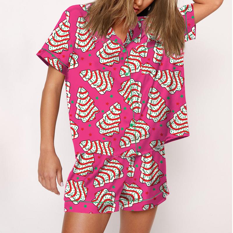 Christmas Tree Cakes Pajama Set For Women Print Comfy Satin Sleepwear & Loungewear Pjs Short Sleeve Top & Bottoms Shorts Without Pockets - SHESHOW