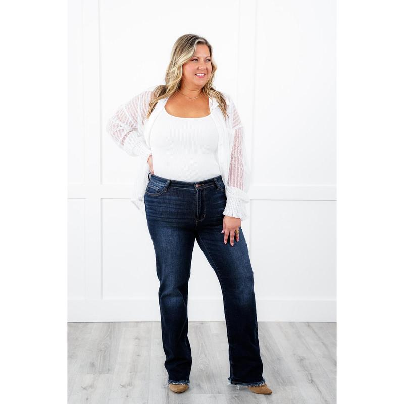 Judy Blue Mid Rise Dark Wash Straight Leg Jeans with Frayed Hem