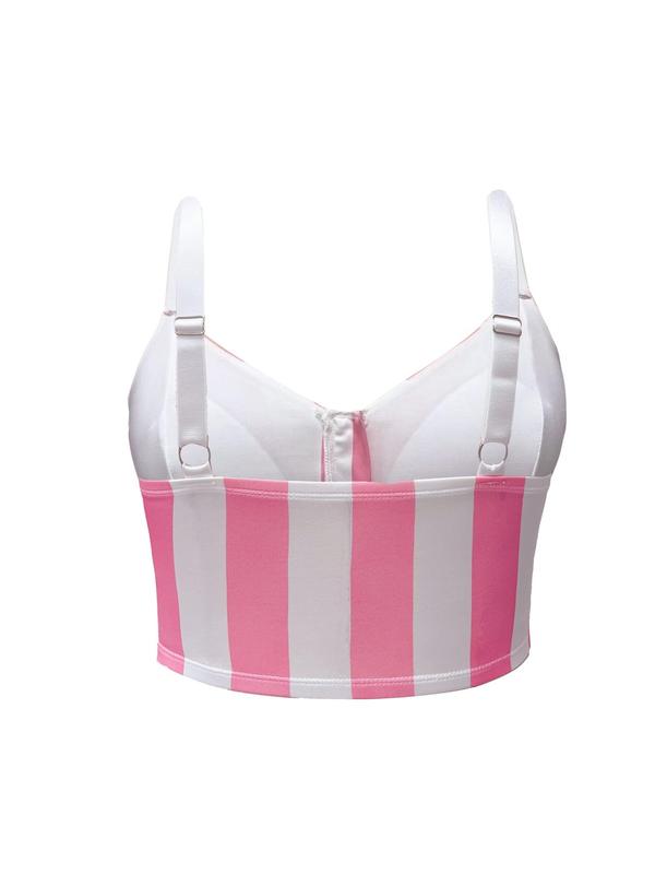  Striped Print Zipper Front Wireless Bra, Casual Adjustable Strap Removable Padded Bralette, Women's Lingerie for All Seasons