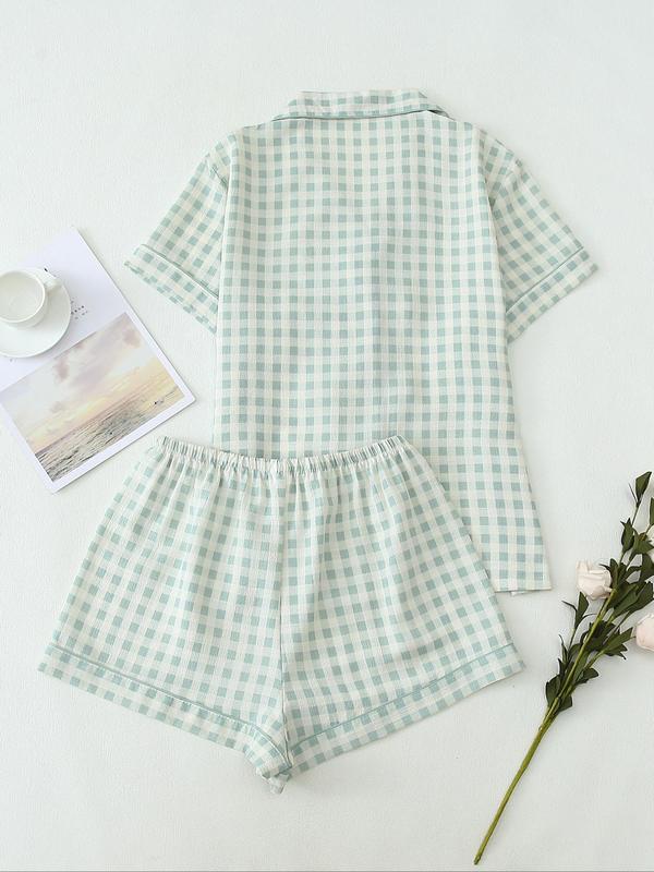 Two-Piece Set Women's Plaid Print Pajama Set, Long Sleeve Lapel Neck Button Front Shirt & Bow Decor Pants PJ Set, Women's Sleepwear for All Seasons