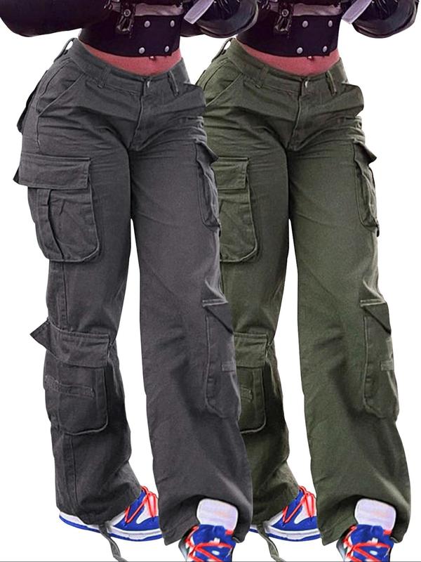 Women's Plain Flap Pocket Cargo Pants, Casual Street Wide Leg Trousers for Daily Wear, Ladies Bottoms for All Seasons