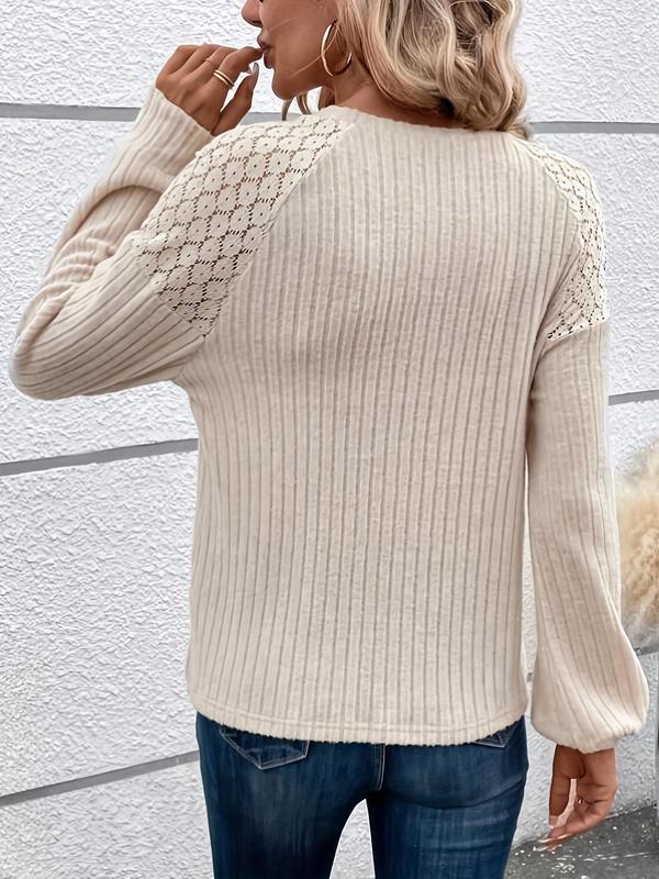 Women's Contrast Floral Lace Button Decor Ribbed Tee, Casual Drop Shoulder Long Sleeve Round Neck T-shirt  for Spring & Fall, Fashion Women's Knitwear for Daily Wear
