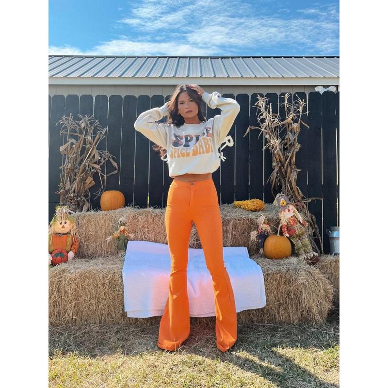 Fiona High Waisted Bell Bottom Flare Jeans - Orange